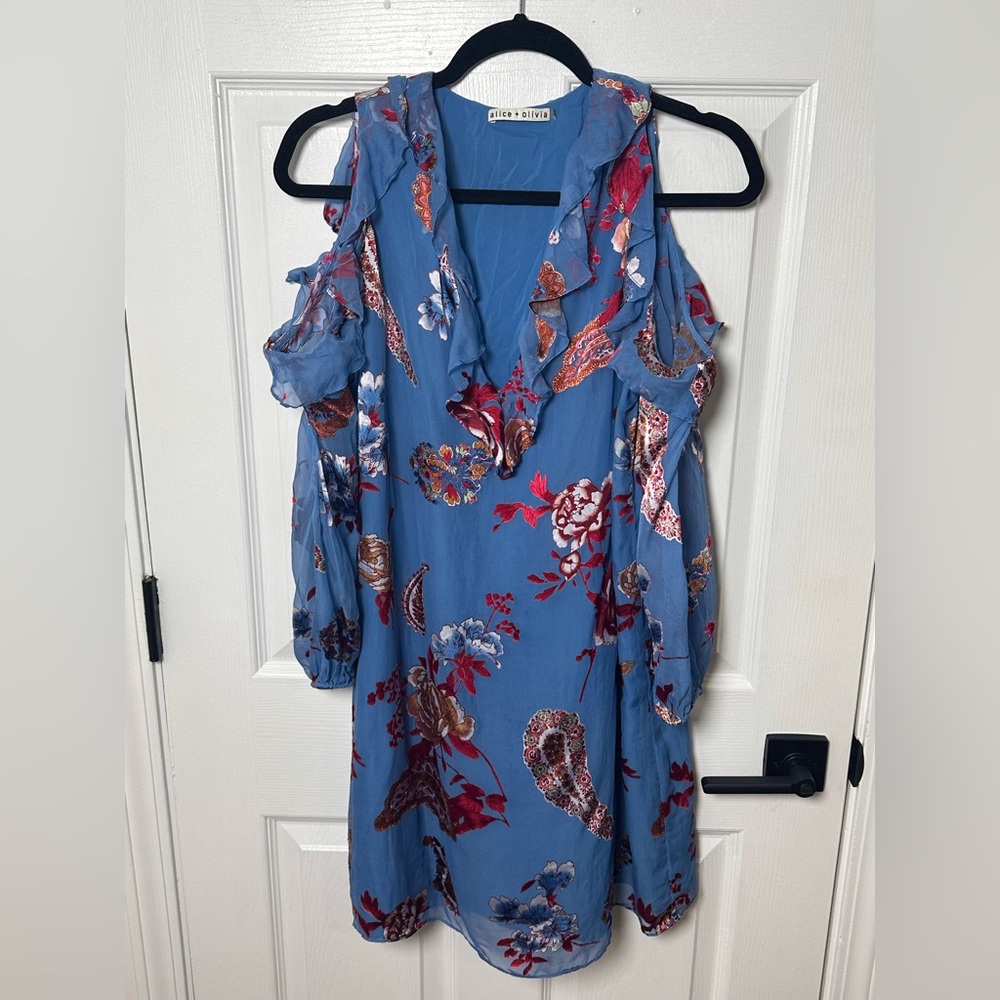 Alice + Olivia Giovanna Ruffle Cold Shoulder Dress Floral Silk Blend Sz M $460